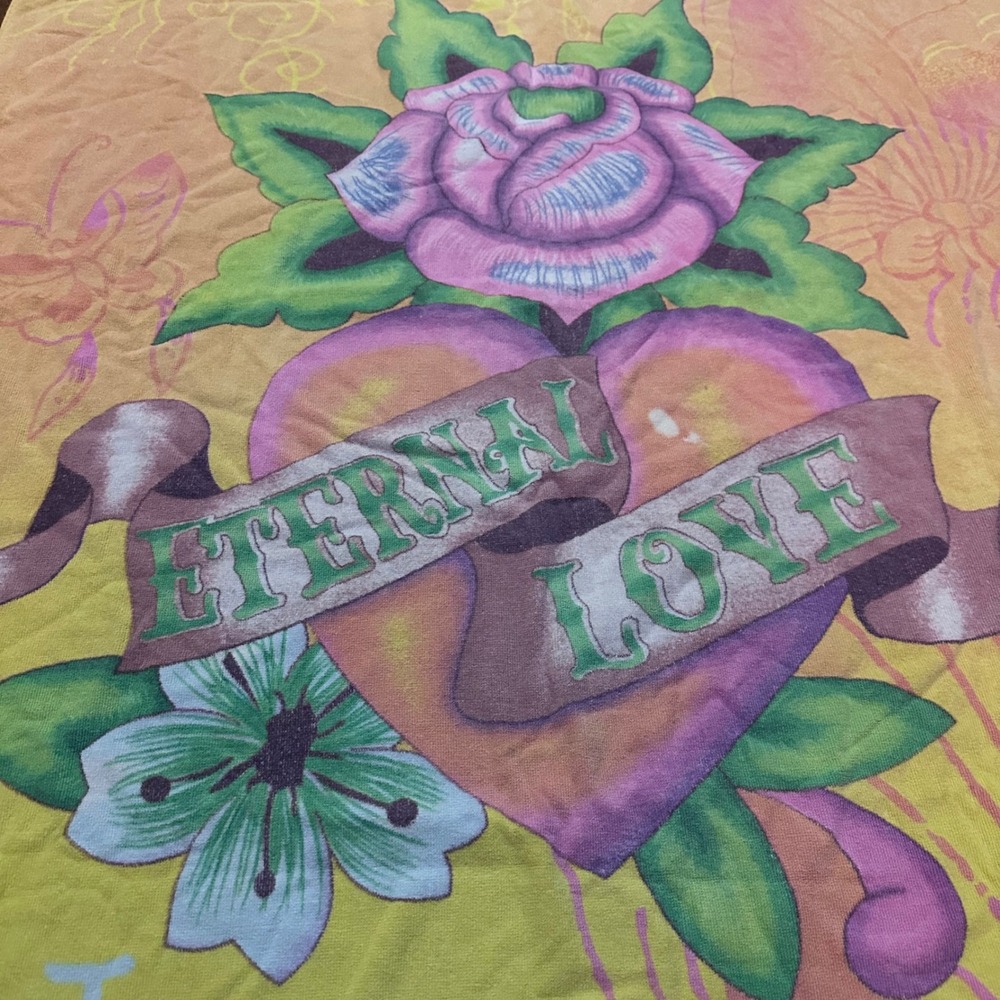 Ed Hardy Beach Towel Green Pink Good Eternal Love Rose Tattoo Y2K - Picture 3 of 9